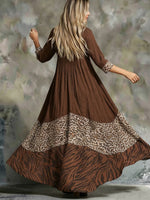 Boho Vintage Leoparden-Tiger-Kontrast Splice V-Ausschnitt 3/4-Arm Fließendes Überwurf-Kleid bis zum Knöchel Maxi Kleid