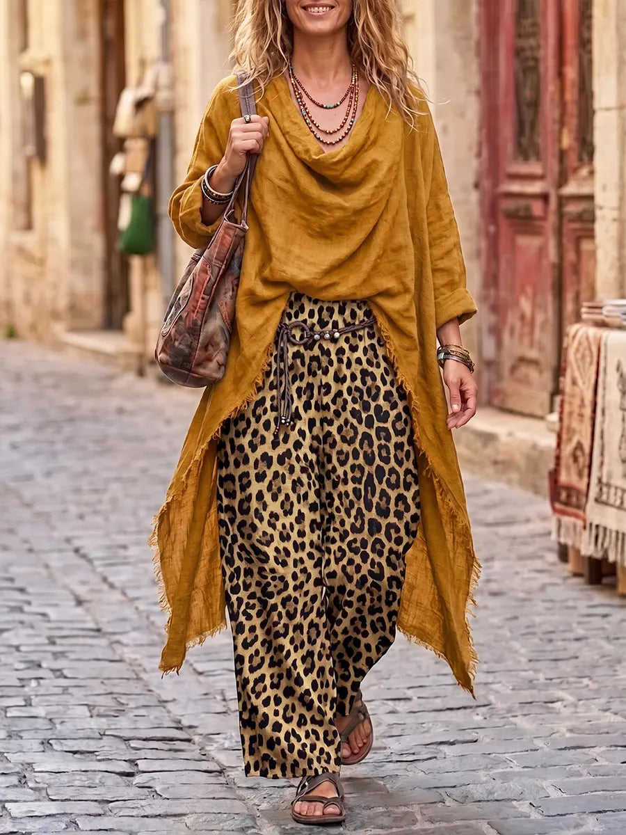 Böhmische, drapierte Senf-Leinen-Tunika & Leopardenhose