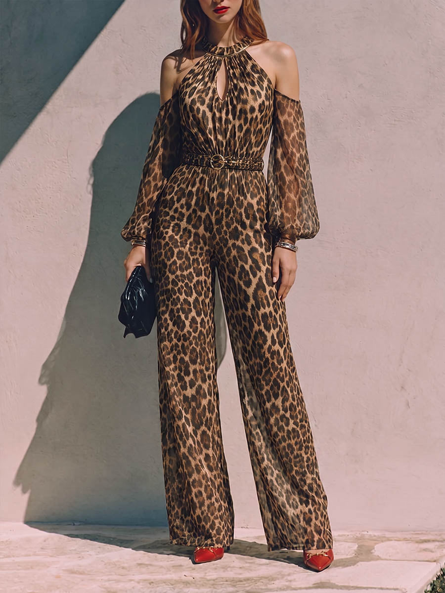 Mono casual de mujer con estampado de leopardo, cuello redondo, manga larga, suelto y de pierna ancha.