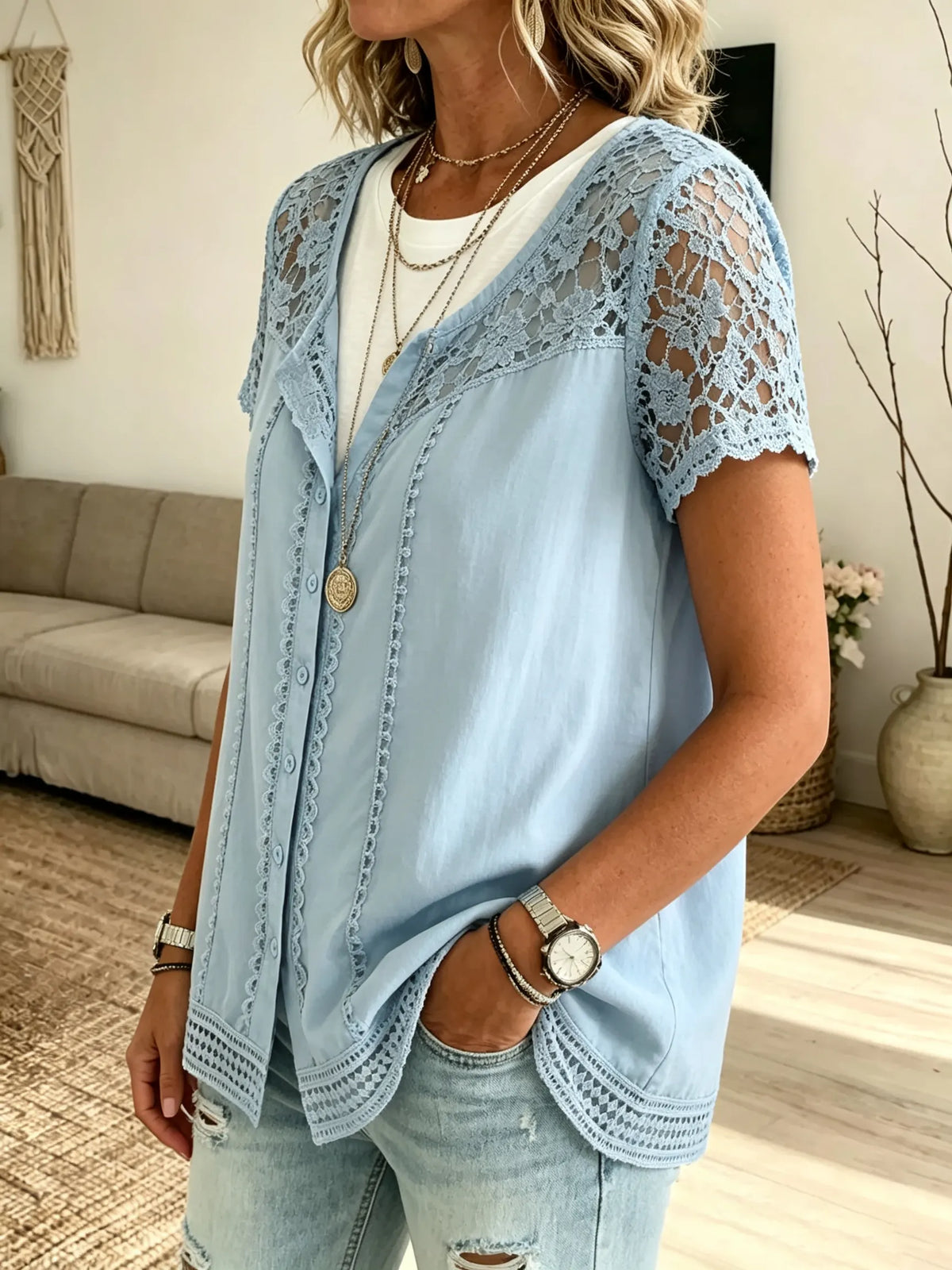 Cardigan da donna a maniche corte in cotone solido con pizzo floreale traforato e cuciture a contrasto