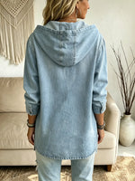 Damen-Solid-Washed-Denim-Hoodie-Henley-Oberteil