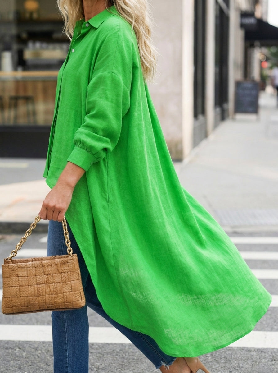 Tunique chemise longue en coton-lin oversize à ourlet asymétrique pour femmes