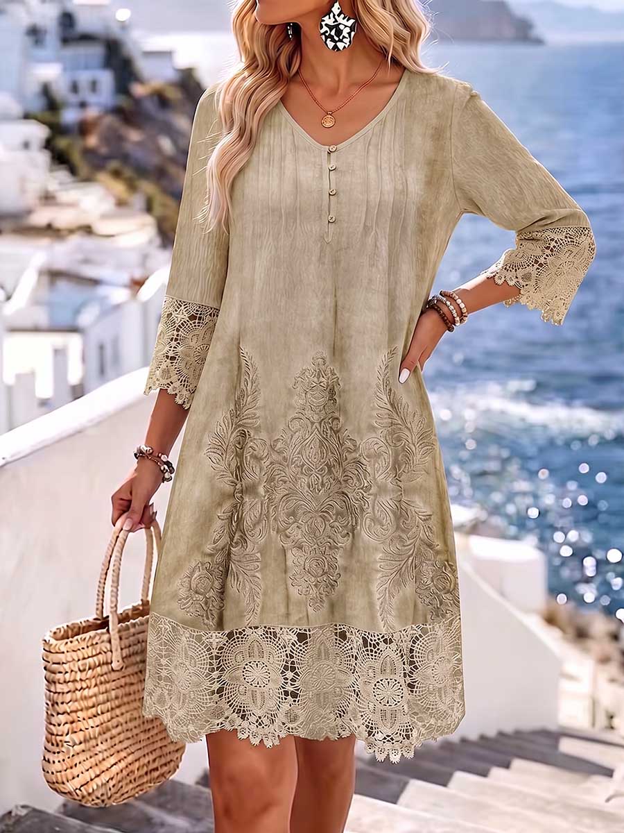 Dames casual losvallende jurk met V-hals, 3/4 mouwen, print en kanten inzetstukken