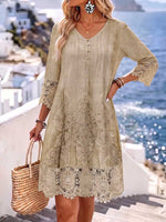 Dames casual losvallende jurk met V-hals, 3/4 mouwen, print en kanten inzetstukken