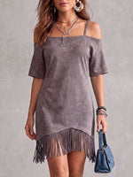 Vestito casual da donna in camoscio, tinta unita, maniche corte, ampio, con nappine
