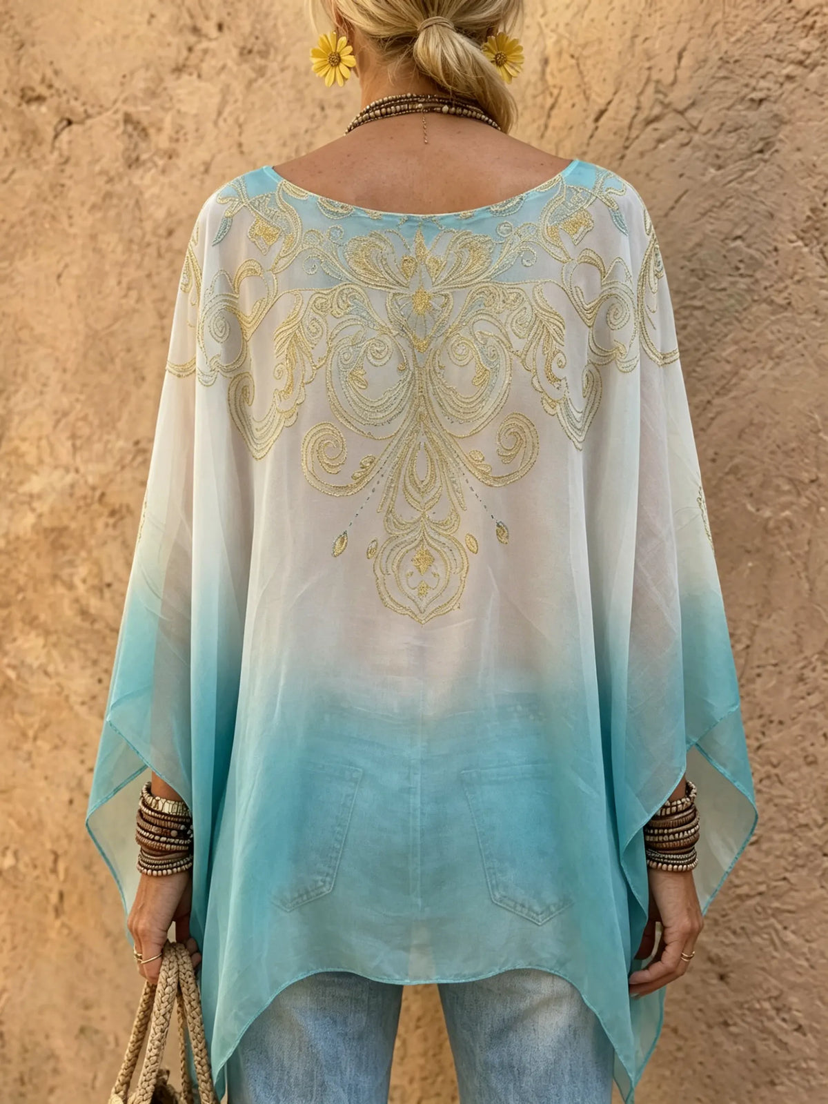 Blusa transparente bohemia con mangas de murciélago y efecto degradado para mujer