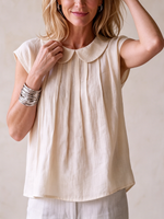 Camicia classica elegante in cotone-lino plissettata con colletto Peter Pan