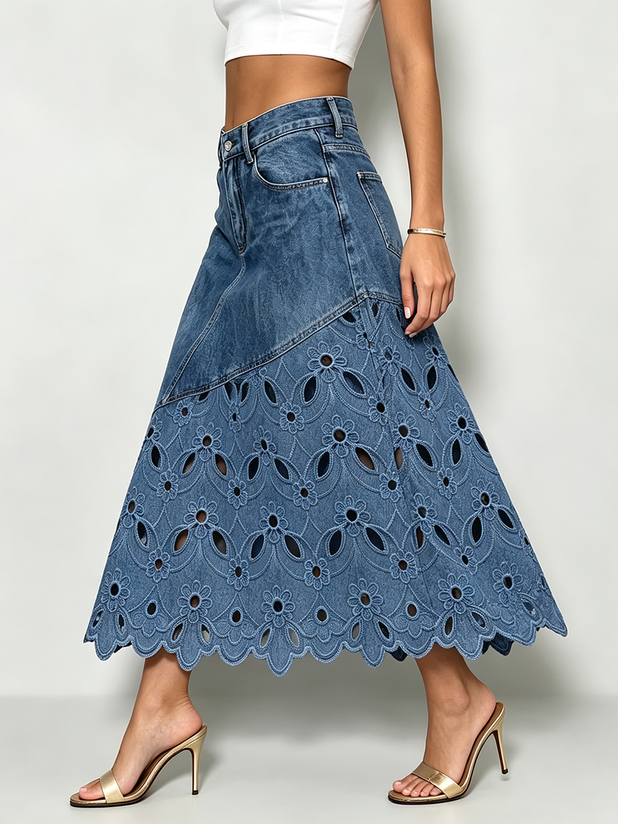 Boho-Blumenmuster mit Ausschnitten Asymmetrischer Denim-Midirock