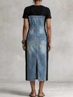 Asymmetrisches Damen-Midikleid aus Denim mit kurzen Ärmeln, Einsätzen und Taschen