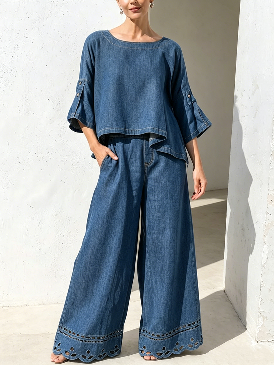 Vintage gewaschenes Denim-Top mit Bootsausschnitt, unregelmäßigen 5/4 ausgestellten Ärmeln und kurzem Schnitt + Hose mit Cutwork-Saum, hohlem Design und weitem Bein – 2-teiliges Set