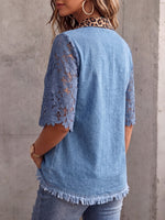 Vintage Elegantes Patchwork-Jeanshemd mit Leoparden-Cut-Outs