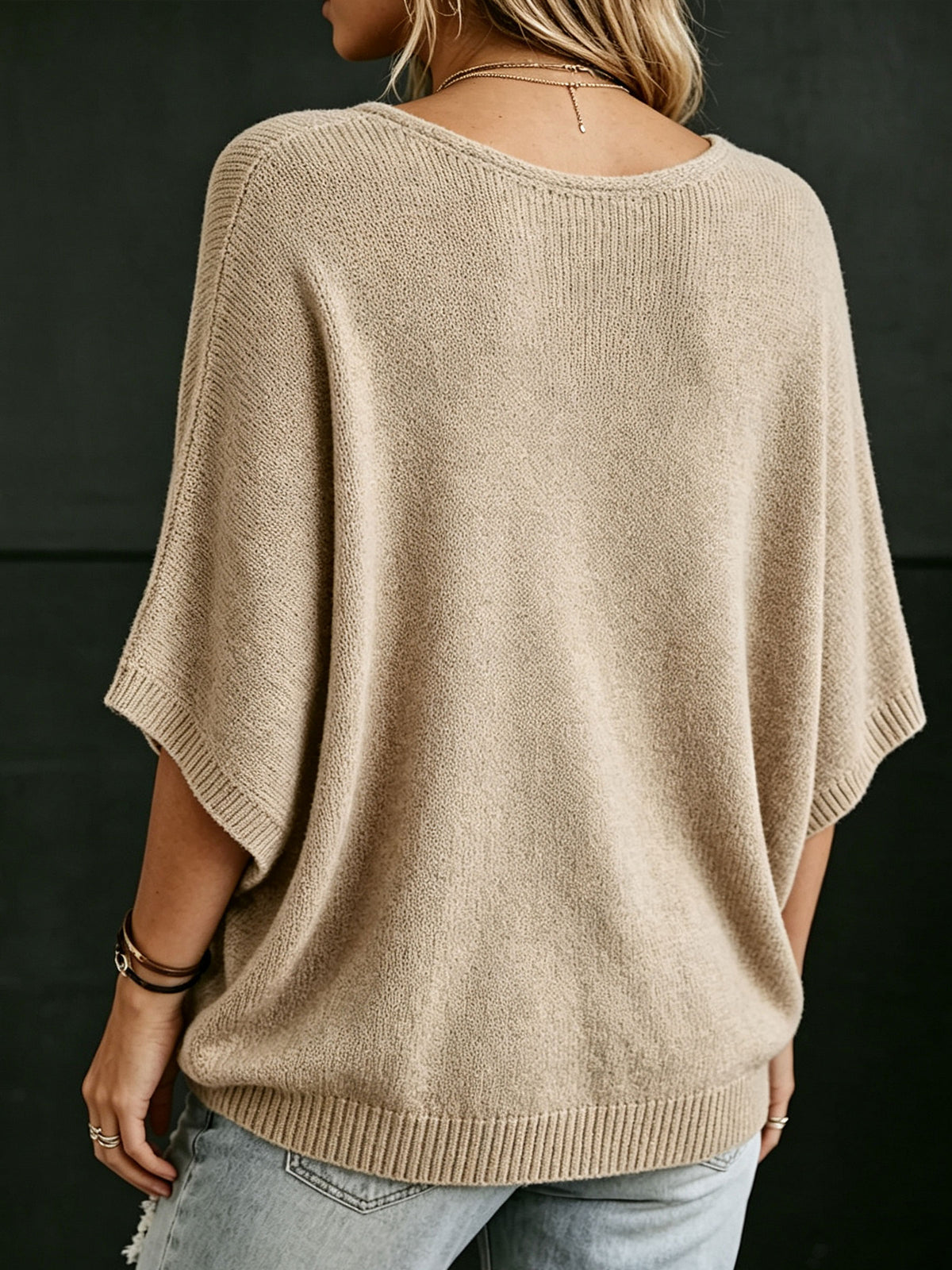 Damen Oversized V-Ausschnitt Fledermaus-Kurzarm Strickpullover Top