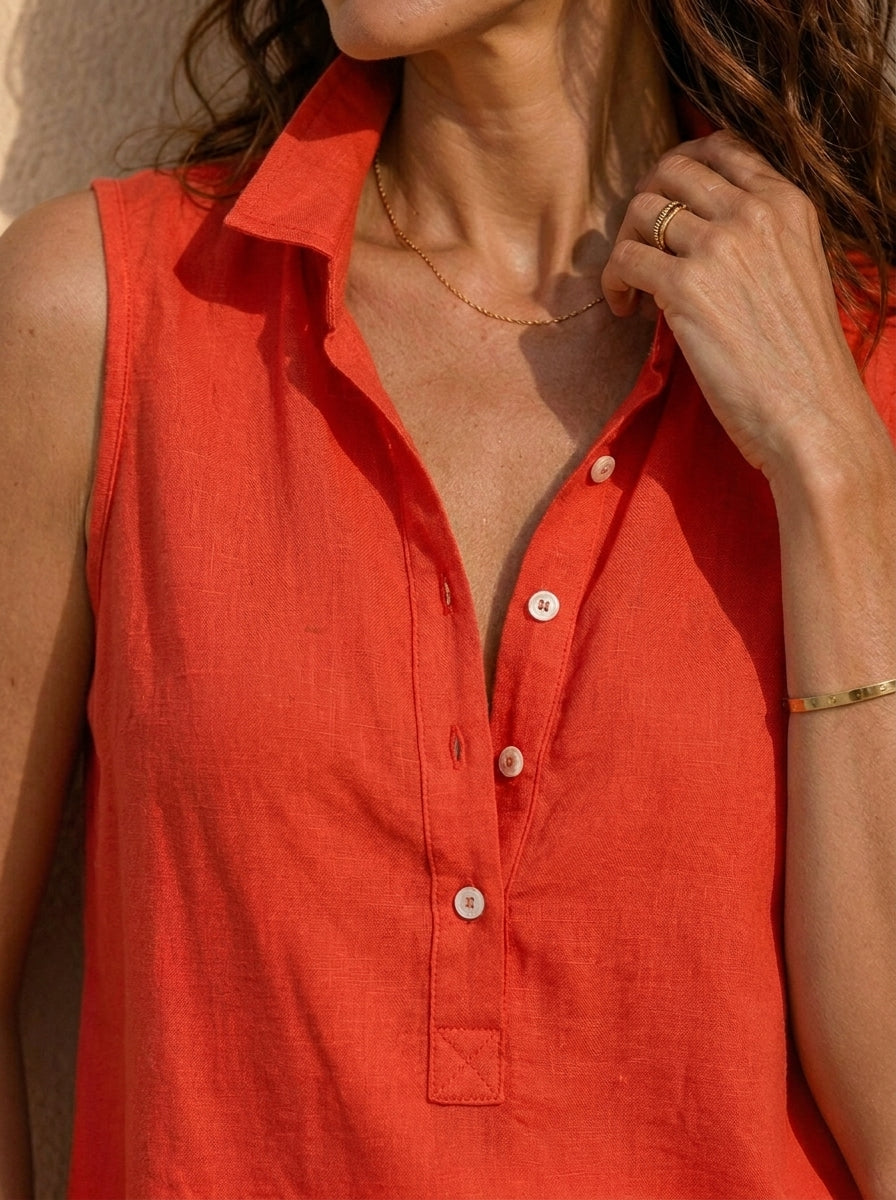 Blusa sin mangas de algodón y lino para mujer con cuello y medio botón