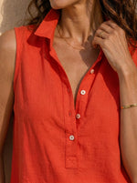 Blusa sin mangas de algodón y lino para mujer con cuello y medio botón