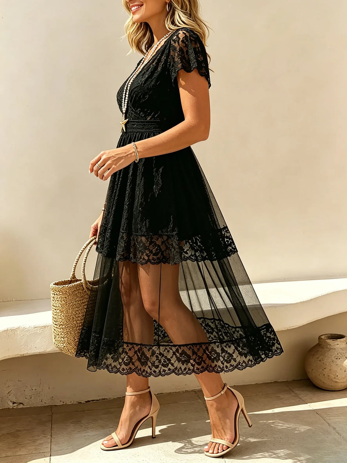 Damen Midi-Kleid aus einfarbiger Spitze mit transparentem V-Ausschnitt