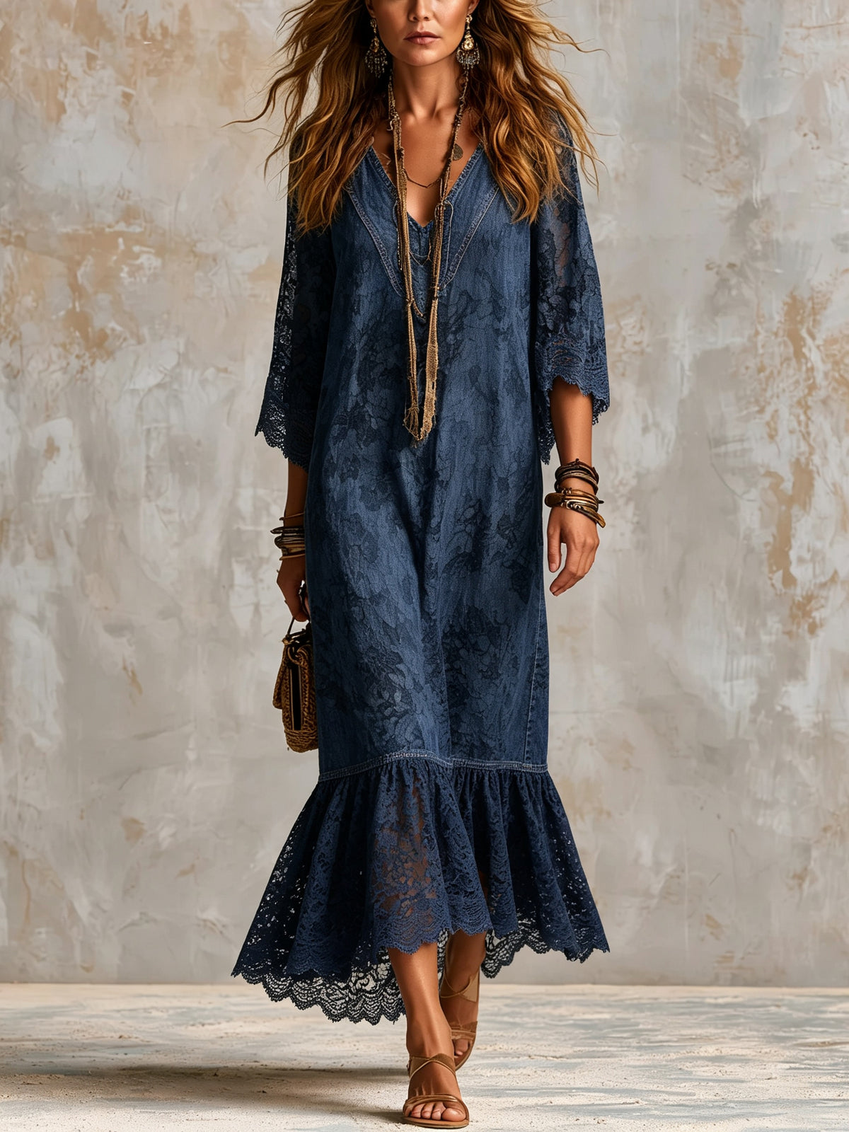 Maxikleid für Damen mit V-Ausschnitt, Blumenmuster, Spitze und Rüschen
