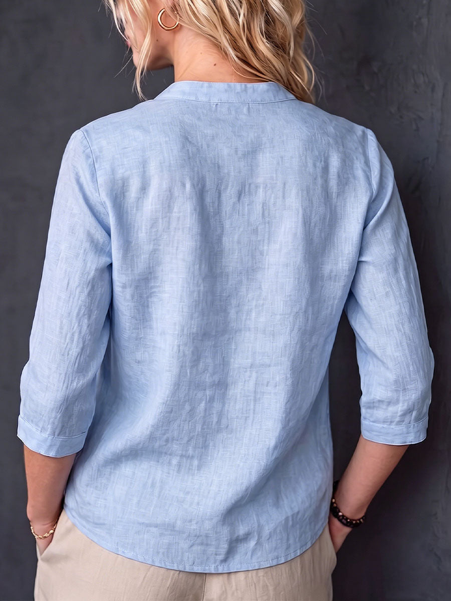 Damen T-Shirt aus Baumwoll-Leinen, einfarbig, mit V-Ausschnitt und 3/4-Ärmeln, locker und lässig