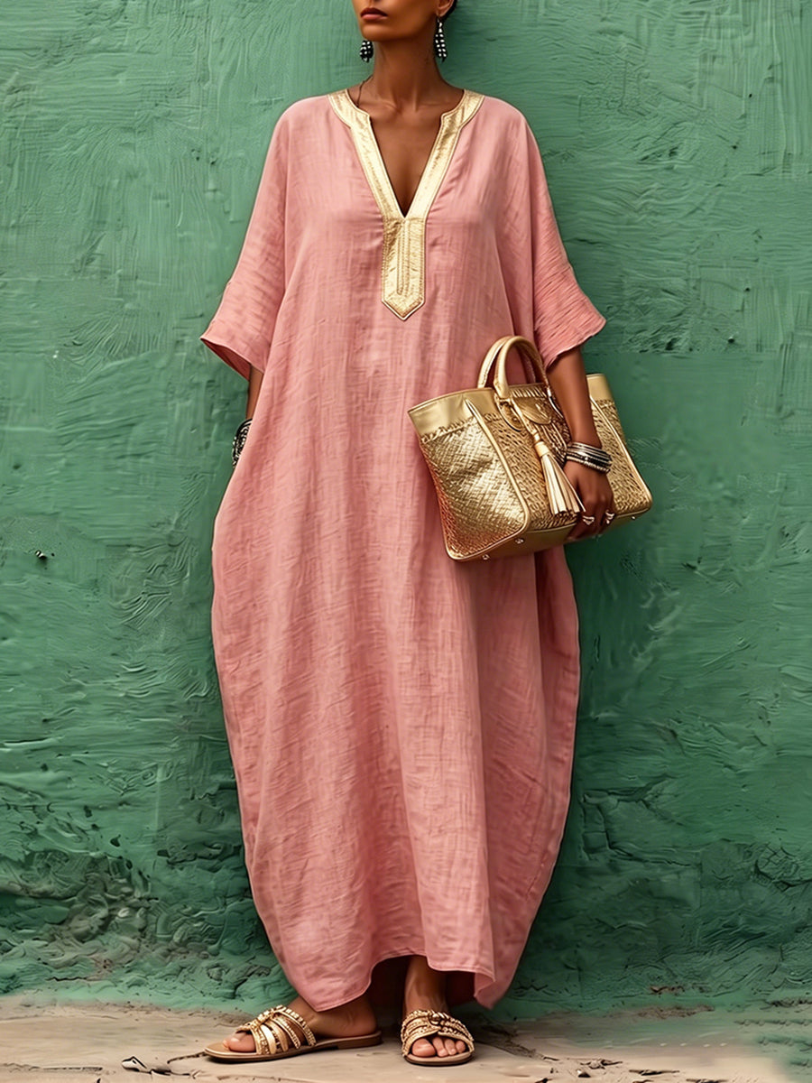 Vestido maxi bohemio de algodón y lino con escote en V color dorado