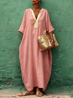 Vestido maxi bohemio de algodón y lino con escote en V color dorado