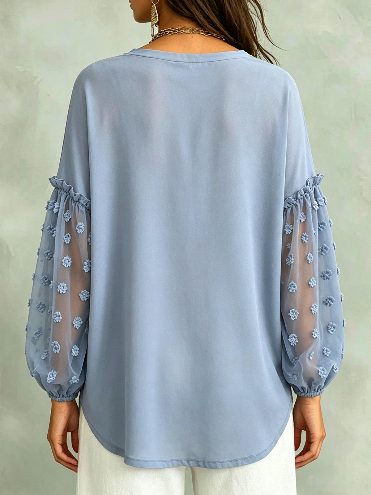 Blouse ample pour femme à manches longues bouffantes, col en V, en mesh avec application florale