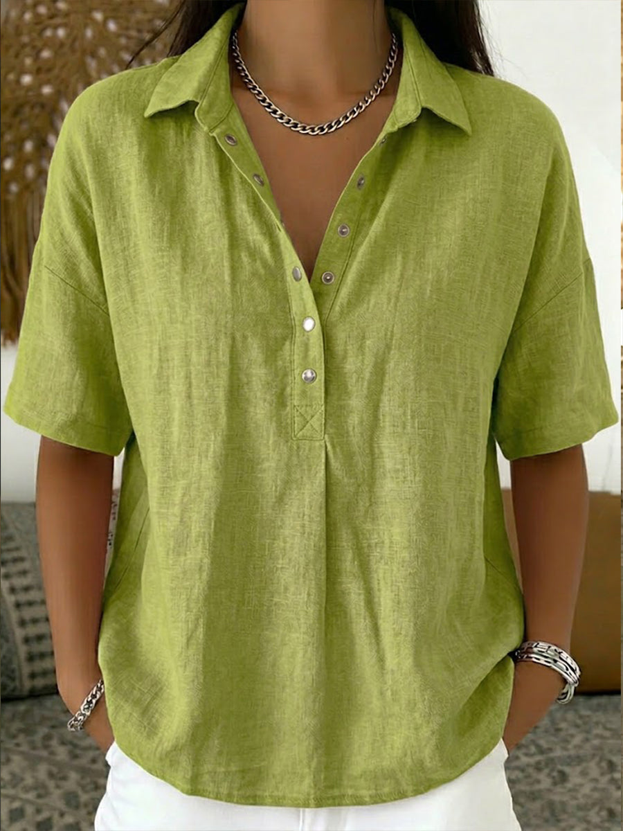 Chemise décontractée à col polo, manches courtes, en lin et coton
