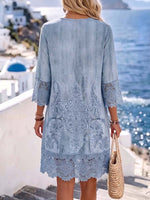 Dames casual losvallende jurk met V-hals, 3/4 mouwen, print en kanten inzetstukken