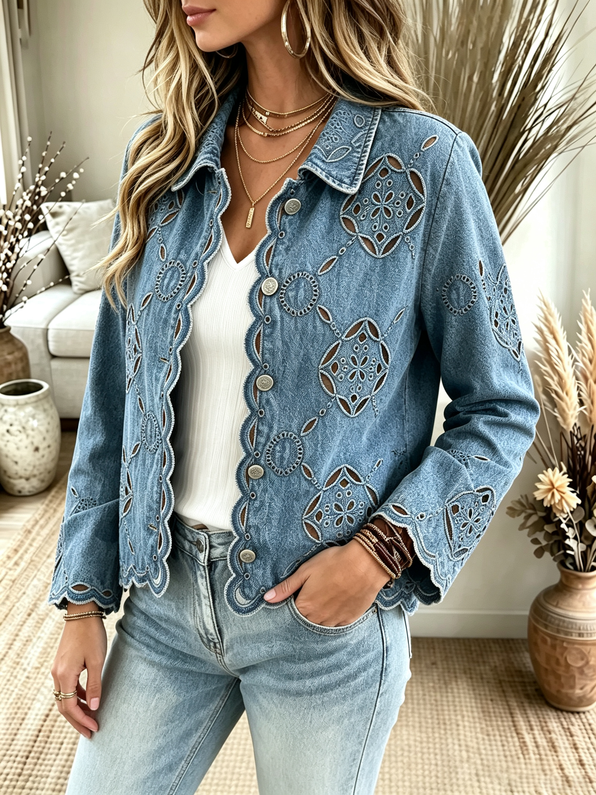 Damen Jeansjacke mit Ausschnitten und Wellensaum