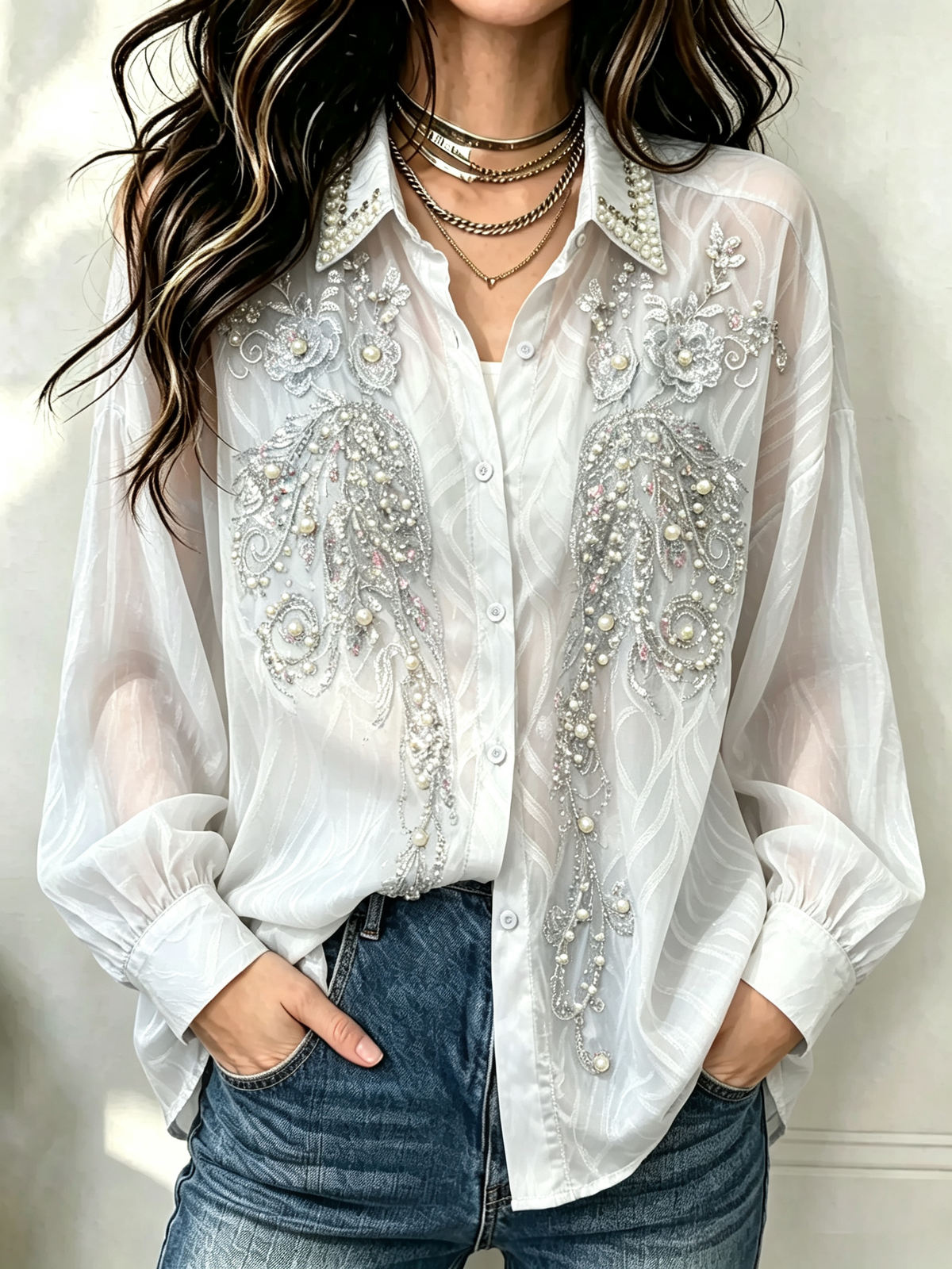 Blusa Transparente Feminina com Pérolas Decorativas