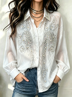 Blusa Transparente Feminina com Pérolas Decorativas