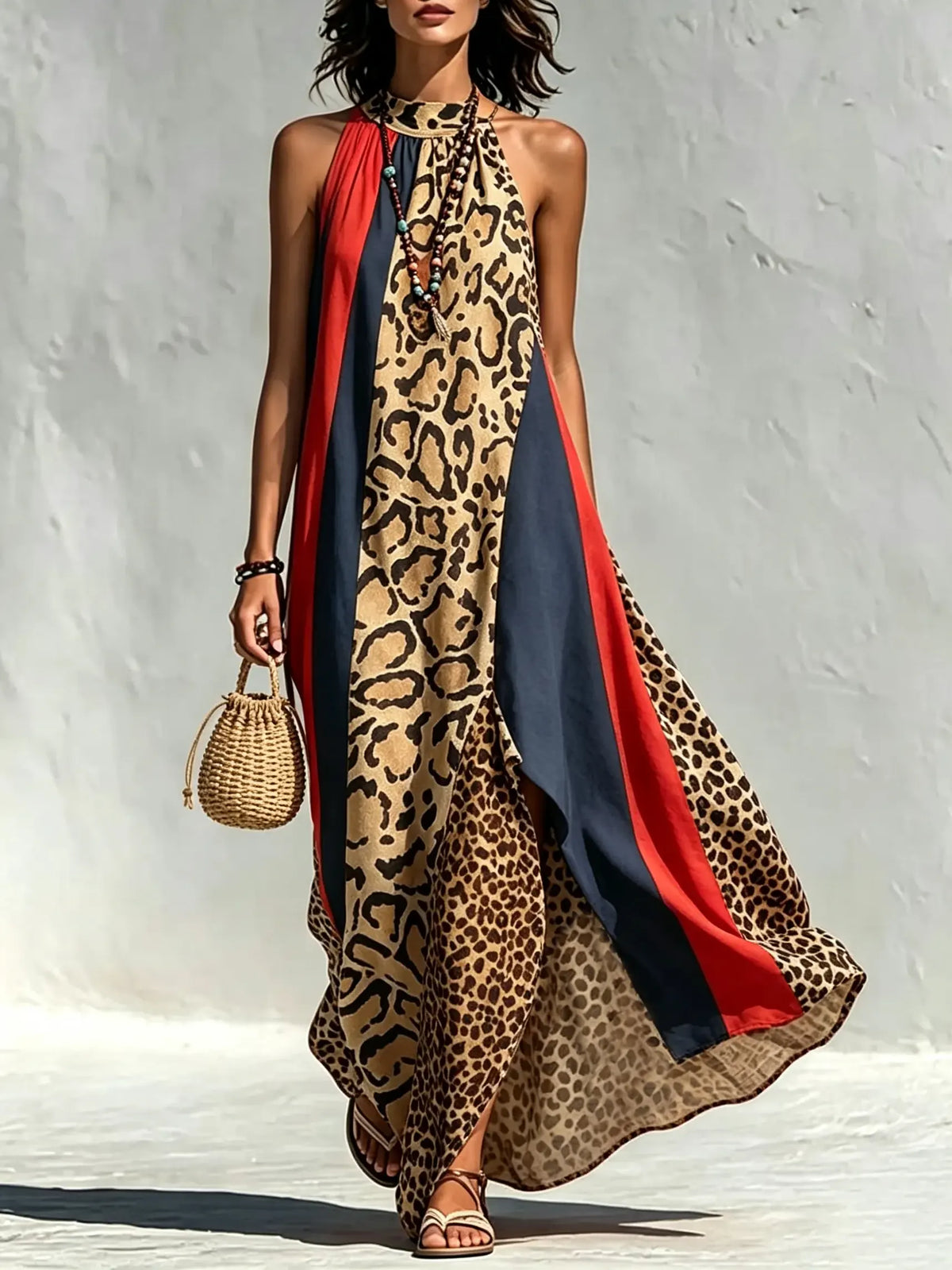 Maxikleid für Damen mit Leopardenmuster, Farbblock-Streifen, Neckholder und Schlitz