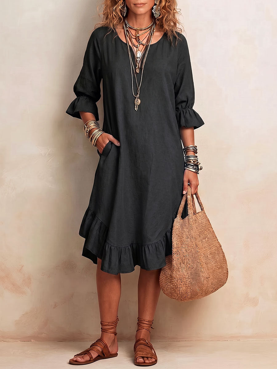 Vestido casual suelto de algodón y lino para mujer, de color sólido, con escote en V y manga 3/4