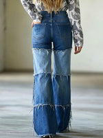 Jeans de mujer de tiro alto con bloques de color, parches deshilachados y pierna ancha acampanada