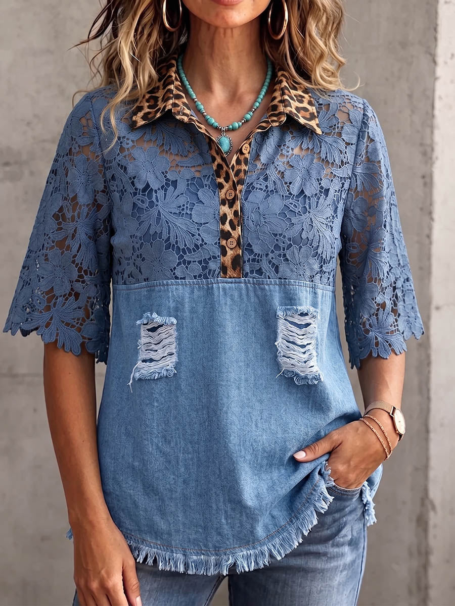 Vintage Elegantes Patchwork-Jeanshemd mit Leoparden-Cut-Outs