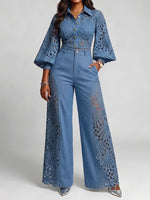 Conjunto casual de dos piezas: camisa de mezclilla con paneles de encaje y pantalones