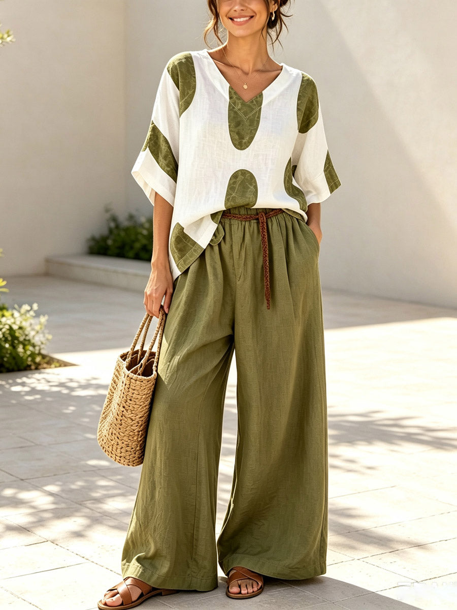 Conjunto de dos piezas de algodón y lino con blusa casual artística de cuello en V geométrico y pantalones de pierna ancha