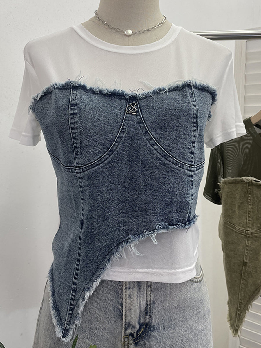 Stylisches lässiges Denim-Oberteil mit elastischen Mesh-Einsätzen