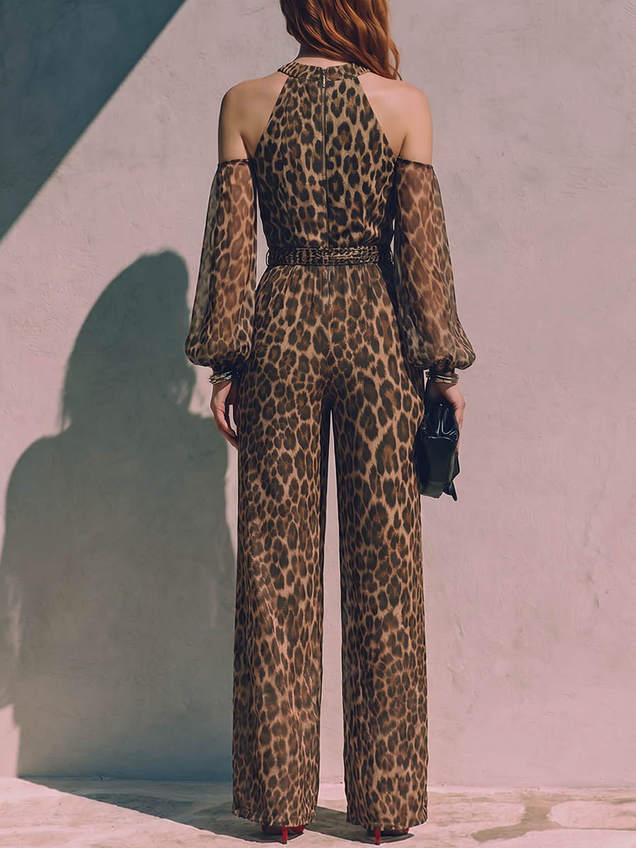 Mono casual de mujer con estampado de leopardo, cuello redondo, manga larga, suelto y de pierna ancha.