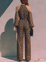 Mono casual de mujer con estampado de leopardo, cuello redondo, manga larga, suelto y de pierna ancha.