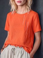 Dames casual losse katoenen linnen top met borduursel, ronde hals en korte mouwen
