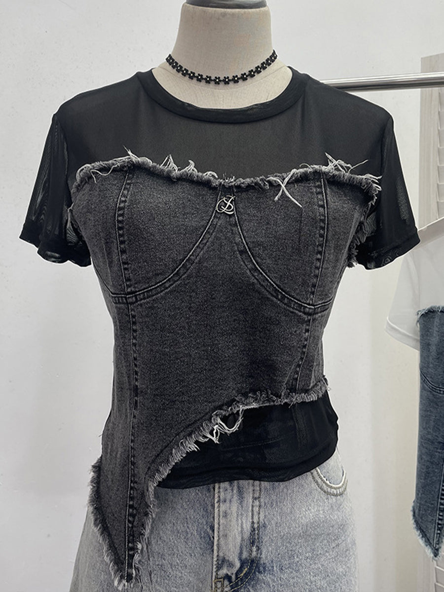 Stylisches lässiges Denim-Oberteil mit elastischen Mesh-Einsätzen