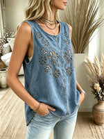 Dames tanktop van denim met bloemenprint en uitsnijdingen
