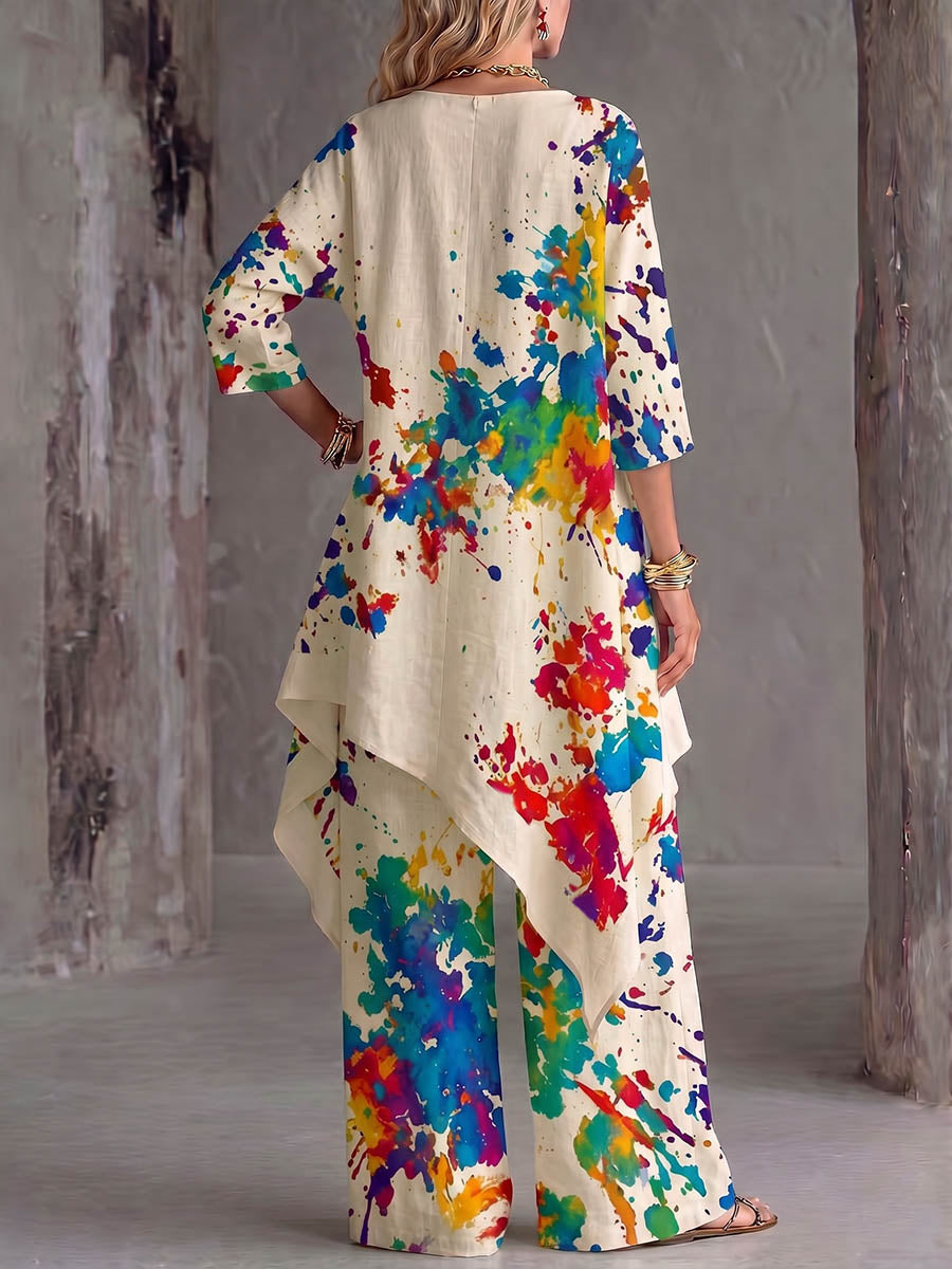 Completo casual da donna in cotone e lino: maglia con stampa astratta posizionata, collo rotondo e maniche 3/4 & pantaloni a gamba larga a vita alta