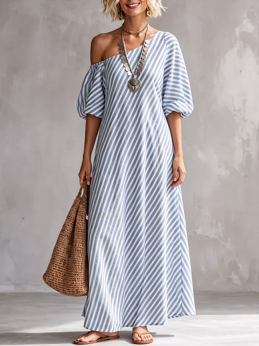 Abito lungo elegante e classico a righe con spalle scoperte