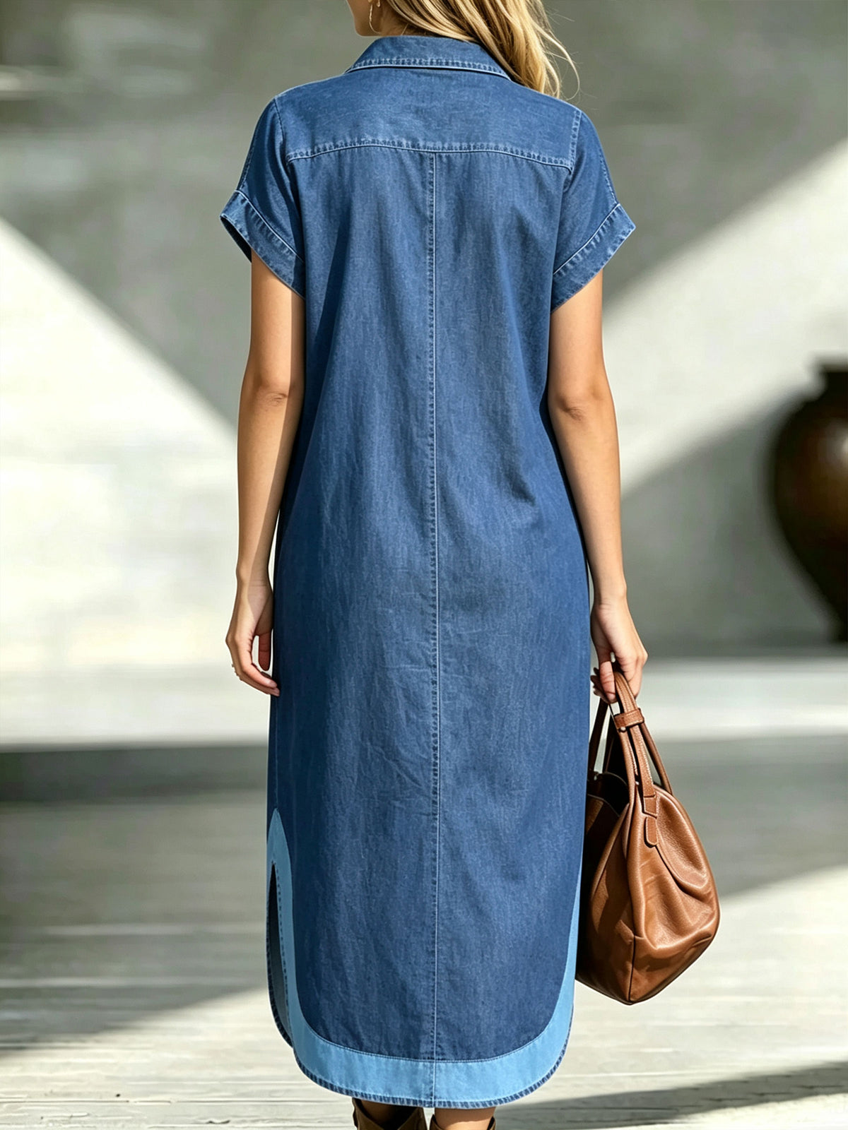 Robe midi en jean pour femme avec manches courtes à patchwork bicolore et col à revers