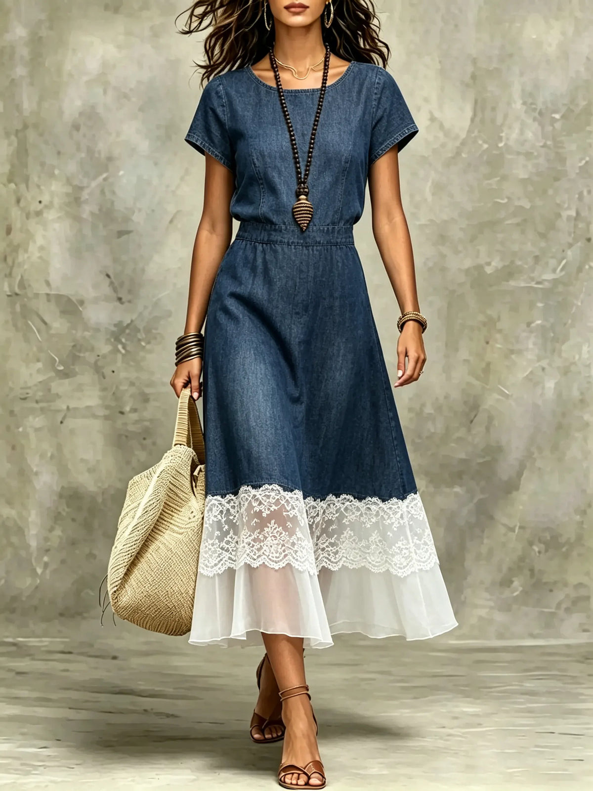 Damen Jeanskleid mit Spitzen-Patchwork, Midi-Länge
