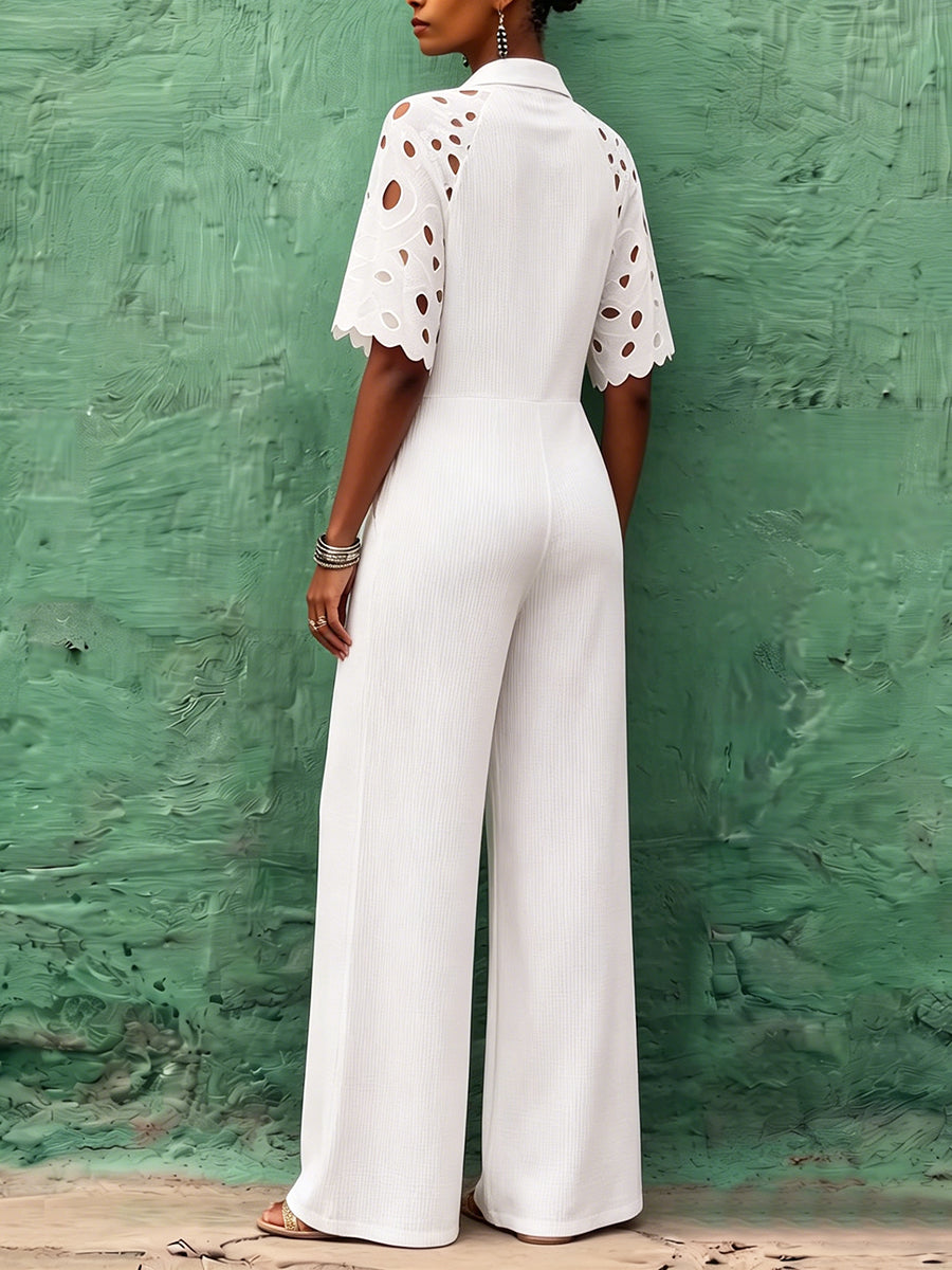 Eleganter schicker Jumpsuit mit floraler Spitzen-Einsatz-Strickoptik