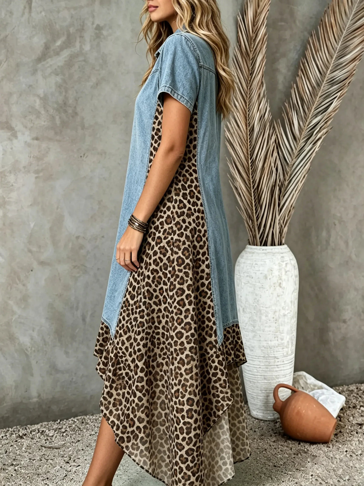 Damen Jeans Patchwork Klassisches Leopardenmuster Unregelmäßiger Saum Hemd Maxi Kleid