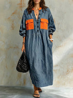 Vestito casual in denim con blocchi di colore e tasche