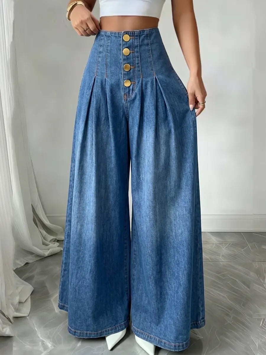 Schicke, hoch taillierte Jeanshose mit weitem Bein und Knopfleiste vorne