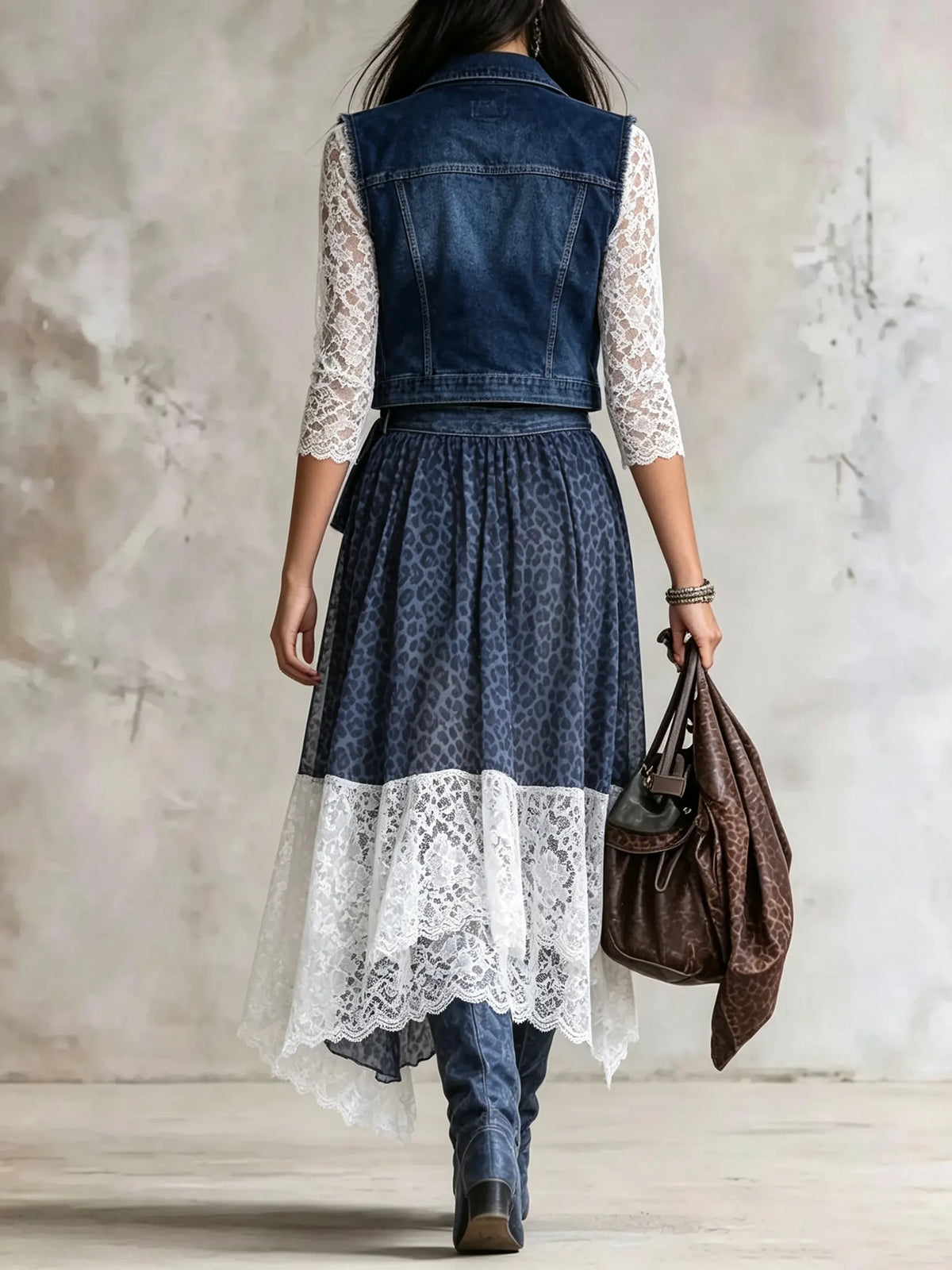 Damen-Set aus Leopardenmuster-Spitzen-Jeansweste und unregelmäßigem Midirock